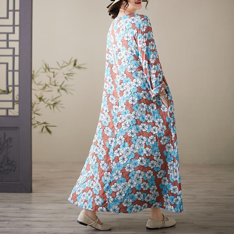 Весеннее литературное платье больших размеров с принтом, круглым вырезом и длинными рукавами для женщин