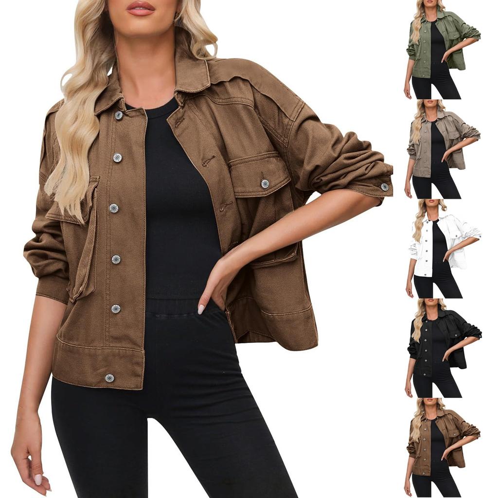 Women's Stretch Denim Jacket Long Sleeve Jean Jacket Trucker Jacket With Pocket