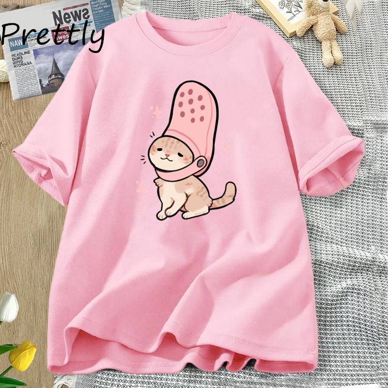 Jibbitz Cat Funny Graphic T Shirts Cute Cat Tshirt Unisex Casual Short Sleeve Round Neck Tee Unisex Cotton T Shirt Woman Clothing