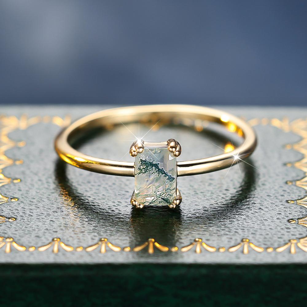 Vintage Square Synthetic Green Moss Agate Rings for Women Girls Light Luxury Gold Color Engagement Ring Wedding Jewelry Gifts