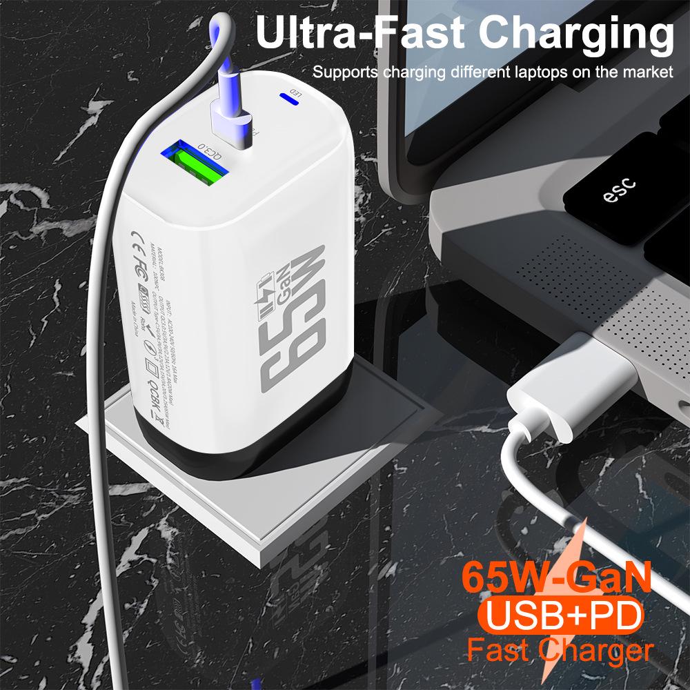 65W GaN Fast Charger: QC 3.0 & PD with 9V/12V for EU/US, Ideal for Laptops & USB Devices