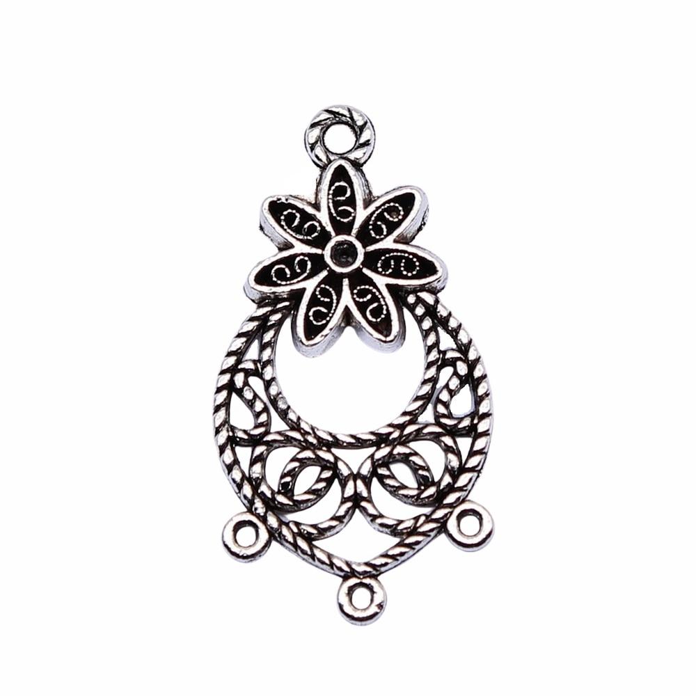 10pcs Flower Drop Earring Connector Jewelry Components Accessories Antique Silver Color Zinc Alloy 29X15mm