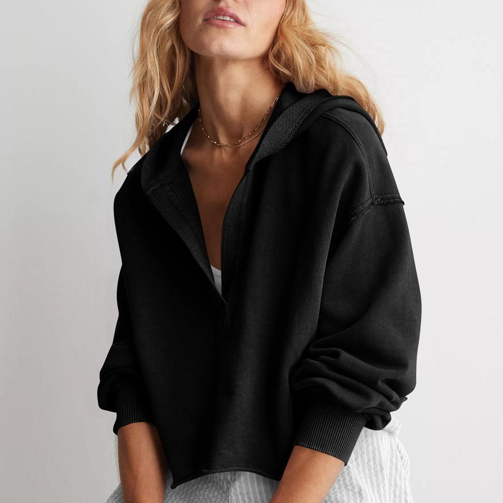 Женская модная однотонная свободная кофта с V-образным вырезом и длинными рукавами, короткая толстовка с капюшоном
