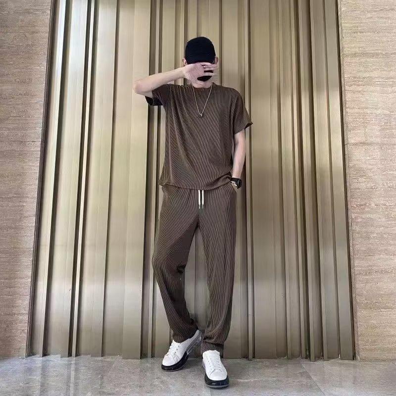 Men's Summer Fashion Loose Large Size Ice Silk Suit Classic Crewneck Casual Solid Color High-quality Two-piece Set