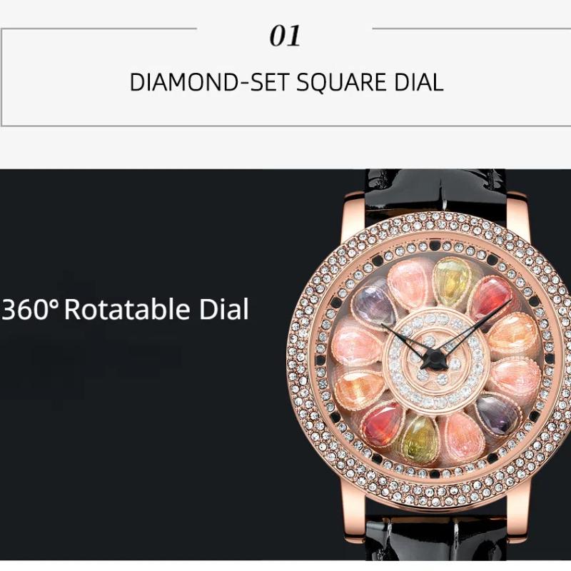 Ladies' Quartz Watch with Rotating Dial Rose Gold Inlaid with Diamonds and Gemstones Fashionable Waterproof Quartz Watch Women's Watch