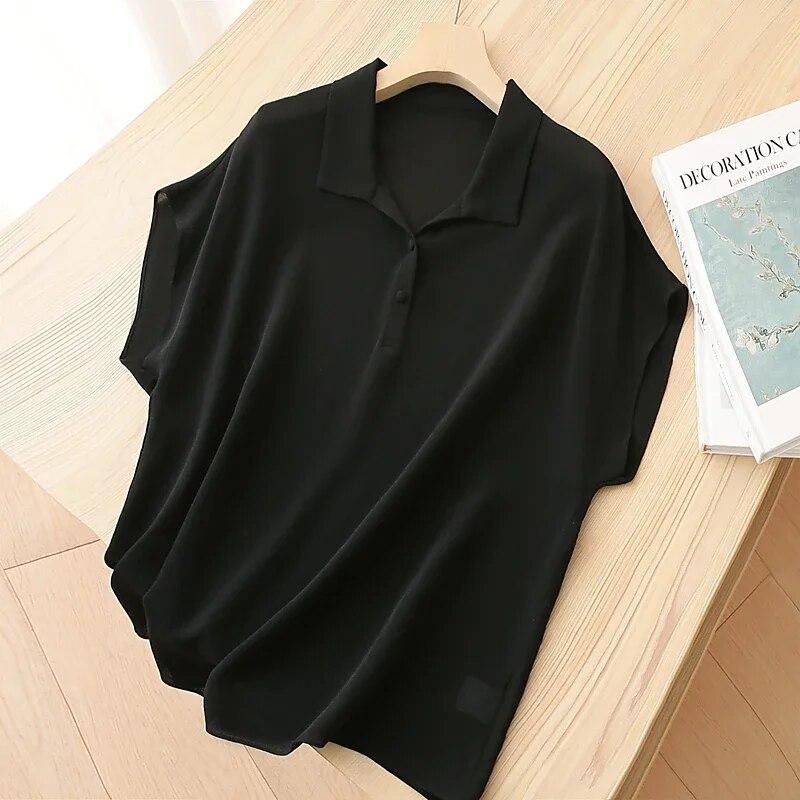 Solid Color Loose Simple Clothes Women Blouse Summer Silk Tops Elegant Office Lady Short Sleeve Polo-Neck Shirt Blusas 27817