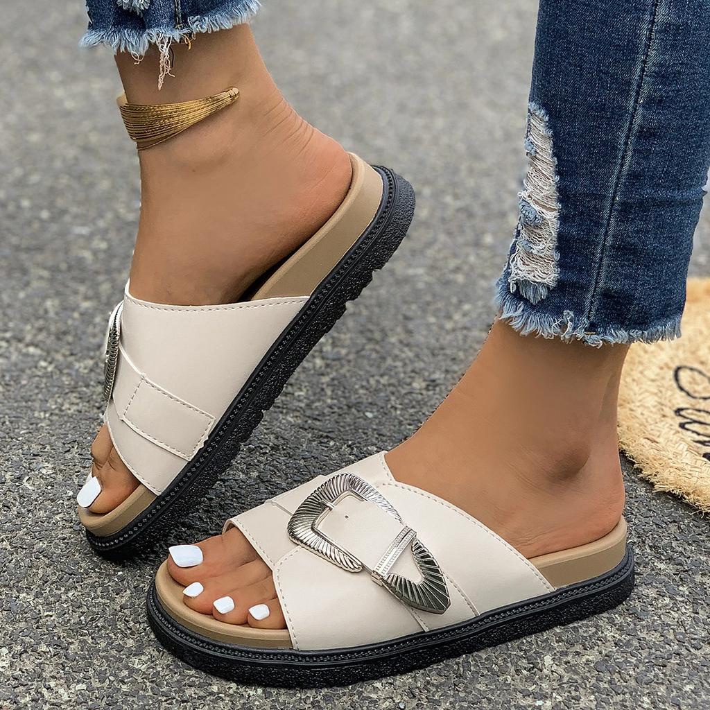 Модная женская обувь 2024 года, горячая распродажа, женские тапочки с пряжкой на ремне, модные повседневные тапочки с открытым носком, женские тапочки с круглым носком на плоской подошве