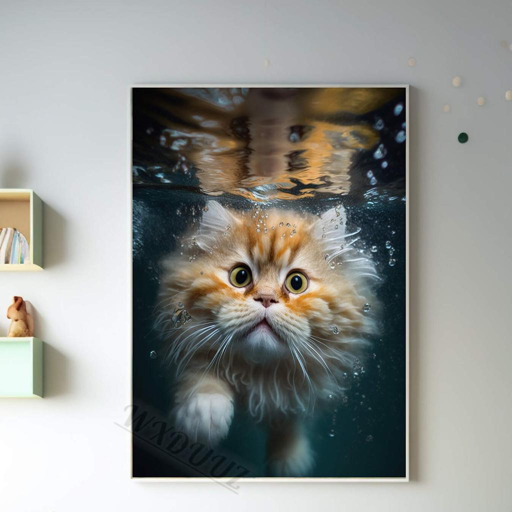 Funny Cute Swimming Cats Pictures For Cat Lovers Room Living Canvas Painting Art Home Wall Decor Print Aesthetics Posters Gift