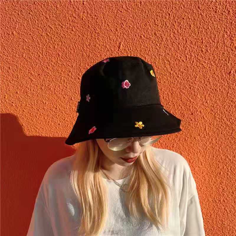 Cute Flower Bucket Hat Embroidered Fashion Domed Fisherman Hat with Flat Brim Women Summer Travel Beach Sun Hats