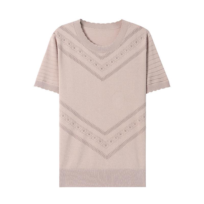 Летняя женская трикотажная футболка с круглым вырезом и ажурными вставками из ледяного шелка, с короткими рукавами, свободный топ