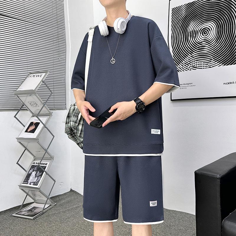 Костюм вафельный летний мужской с короткими рукавами футболка шорты тонкий