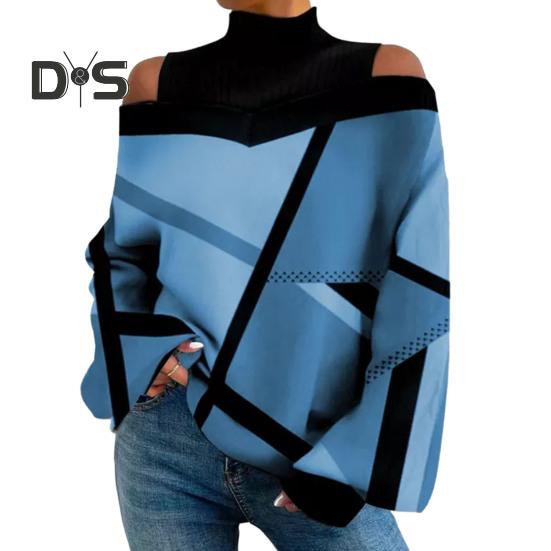 Women Fall Spring Top Hollow Out Off Shoulder Color Matching Geometric Print Long Sleeves Loose High Collar Pullover Lady Mid Length T Shirt Blouse