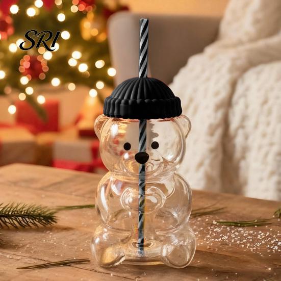 Eco Friendly Sippy Cup Bear Shape with Straw Lid 500ml Heat-Resistant Glass Tumbler Reusable Cold for Iced Coffee Milk Tea Juice