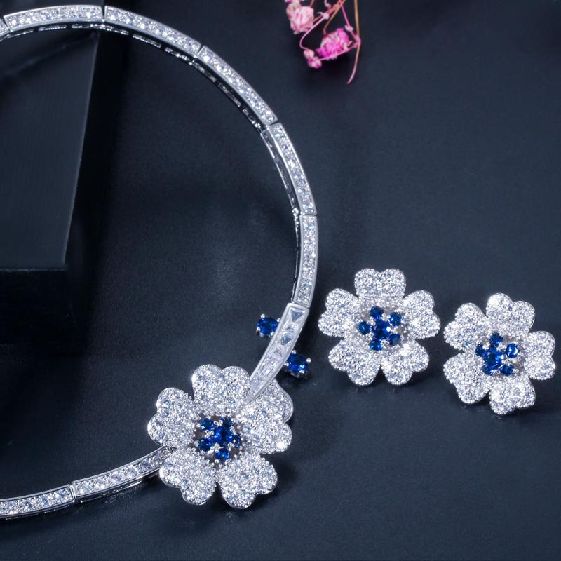 Elegant Micro Pave Green CZ Zirconia Stone Flower Choker Necklace Earring Fashion Brand Wedding Bridal Jewelry Sets for Women