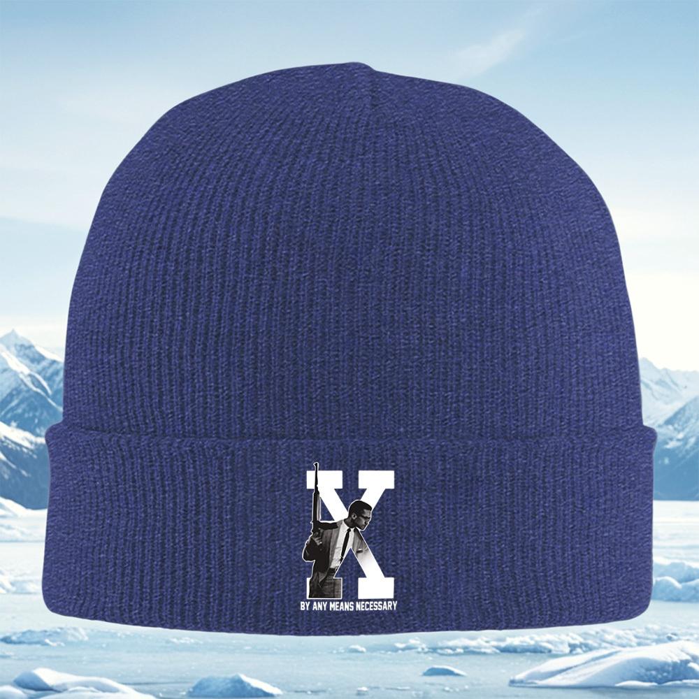 Figure holding gun white letter black background Men Women Unisex Knitted Hat Beanie Pullover Cap Winter Thermal Warm Christmas