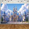 2D flat fantasy castle background with hanging perforated rope, birthday party banner