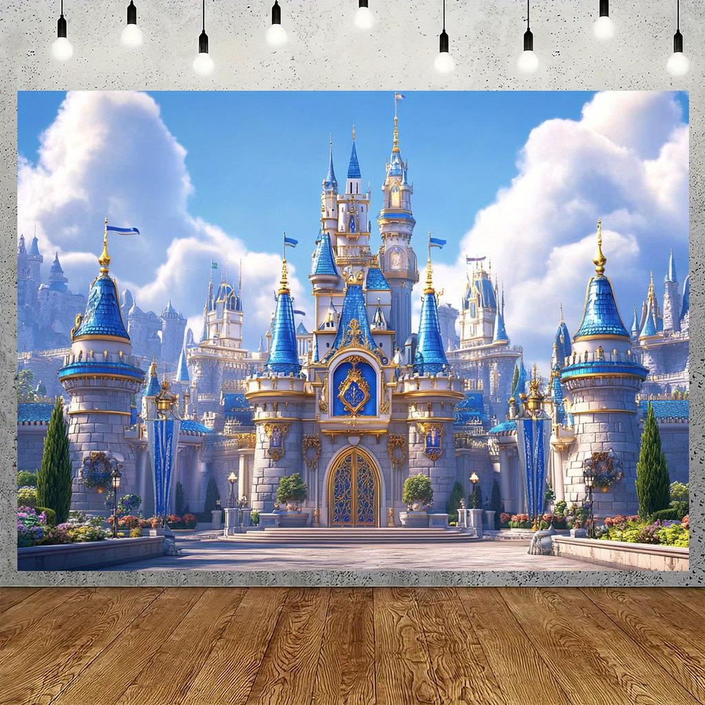 2D flat fantasy castle background with hanging perforated rope, birthday party banner