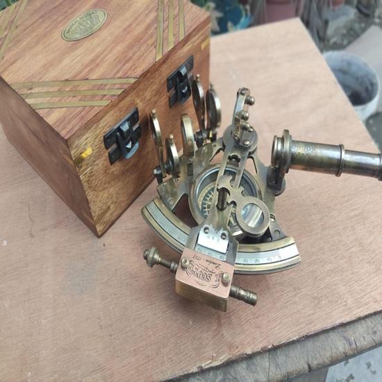 Vintage Brass Sextant Compass with Wooden Box | Antique Nautical Maritime Navigation Instrument | Handcrafted Sailor