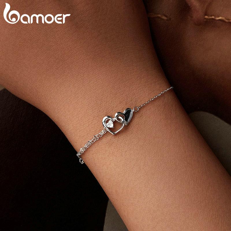 BAMOER стерлингового серебра 925 пробы ювелирные изделия навсегда любовь сердце двойной браслет-цепочка дружба регулируемый браслет подарок для женщин