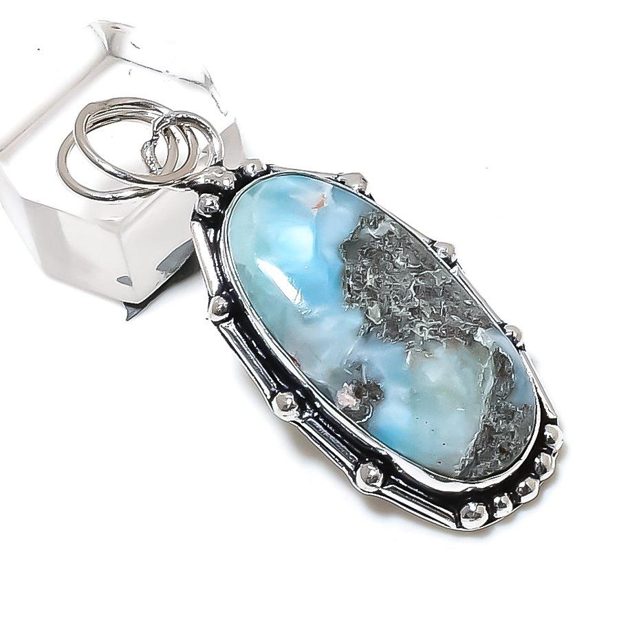 Caribbean Larimar Gemstone Handmade 925 Sterling Silver Gift Pendant 2.17" k5S96