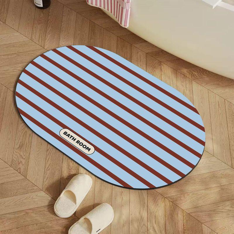 Minimalist Striped Oval Bathroom Mat, Water Absorbent Non Slip Quick Dry Cushioned Shower Rug Home Decor