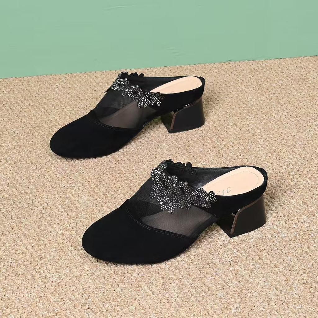 2025 новые летние туфли-одинарки из мягкой кожи, женские сетчатые, на плоской подошве, с вырезами, дышащие, с круглым носком, со стразами, матовые, женские полушлепанцы для мам