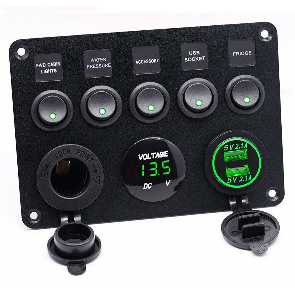 Dual USB Socket 5 Gang Switch Panel 12V/24V LED Voltmeter Power Outlet ON-OFF Toggle For Car Car