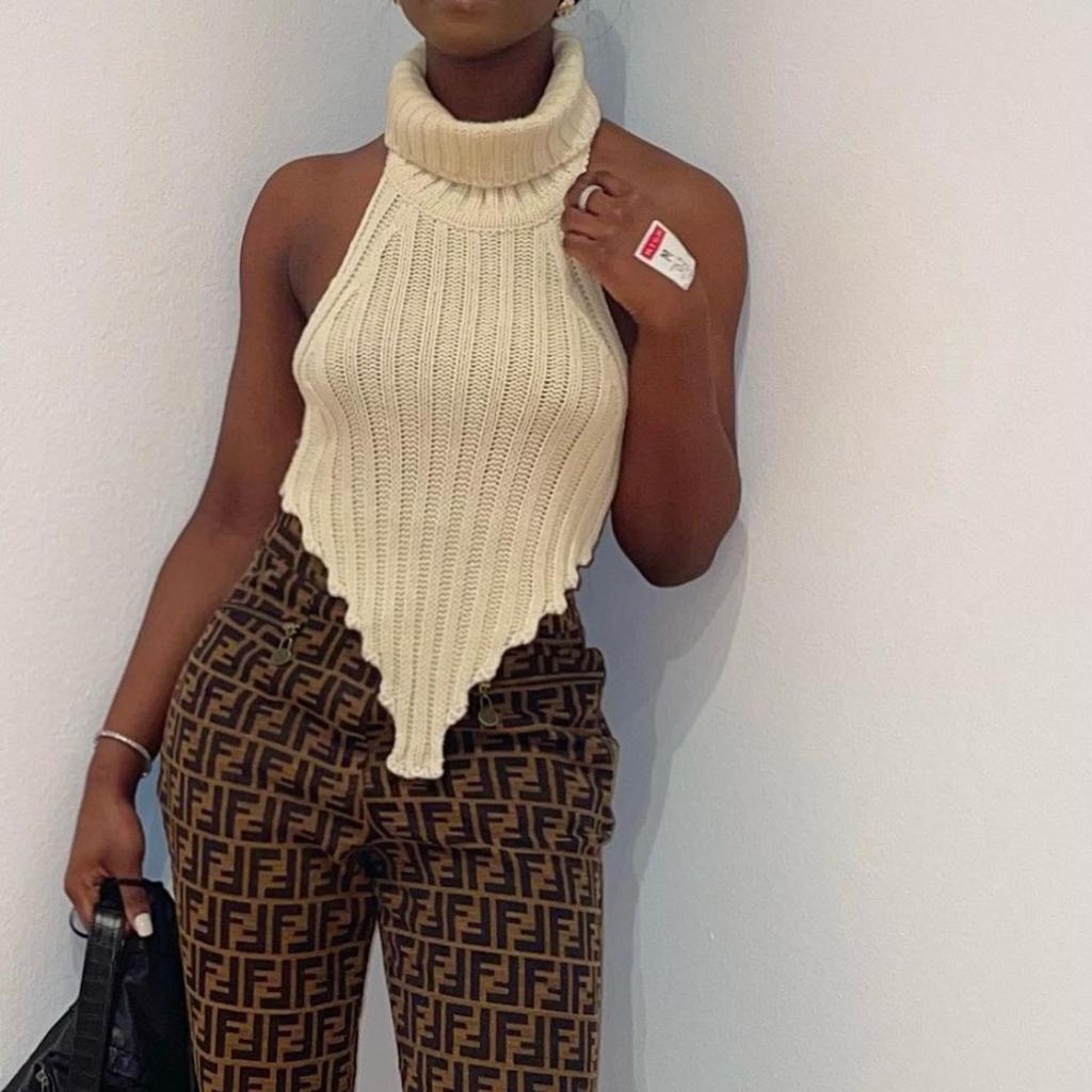 Women's High Neck Irregular Sexy Backless Woolen Knitted Vest Top