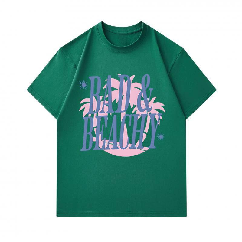 Men's 100% Cotton Crew Neck Short Sleeve T-Shirt, Casual Bad & Beachy Letter Print Palm Sun Pattern Soft Breathable Summer Daily Tees for Beach Vacati