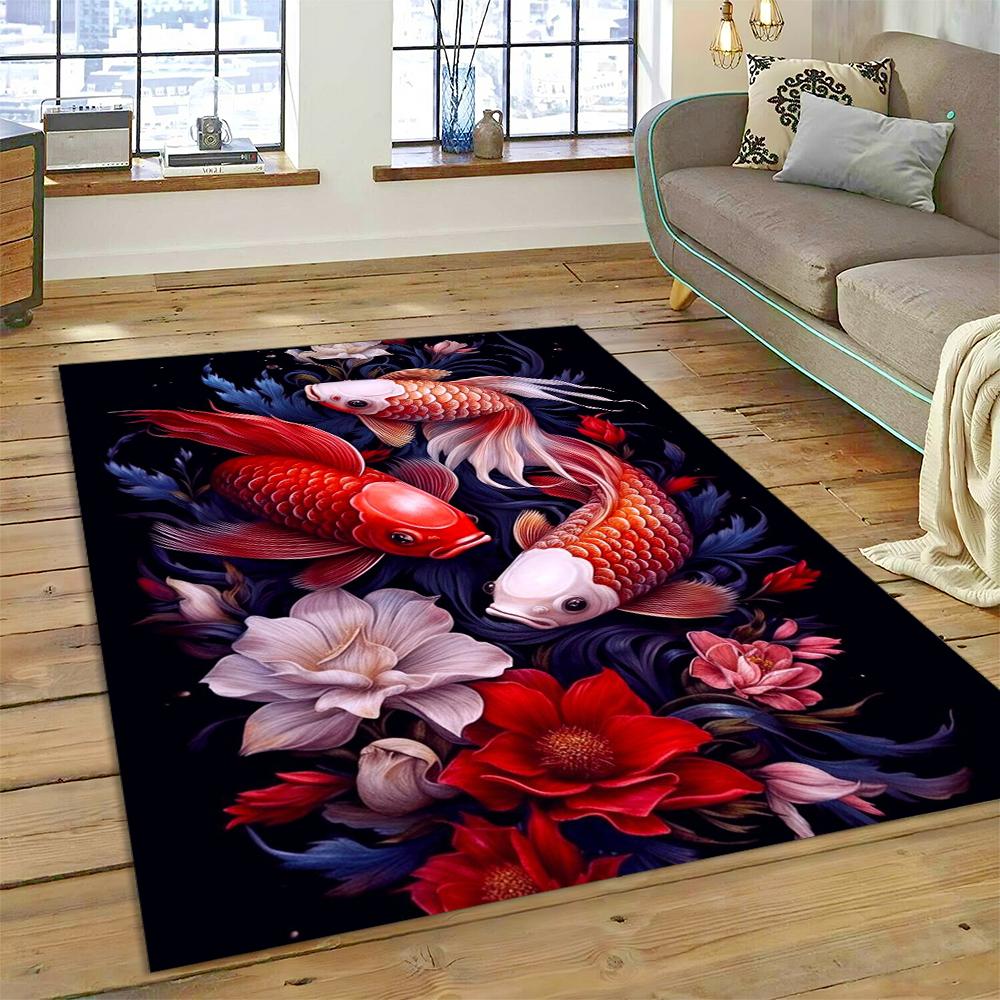Koi Carp Naturalize Yin Yang Fish Cartoon Carpet Rug for Home Living Room Bedroom Sofa Doormat Decor,Kids Area Rug Non-slip Mat
