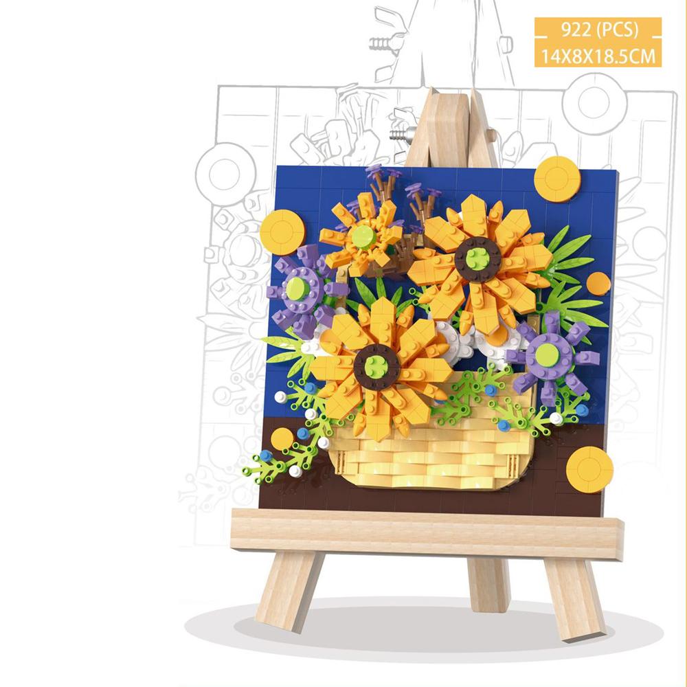Flower Painting Building Bricks with Wooden Easel Micro Diamond Block Toys for Girls Desktop Decoration