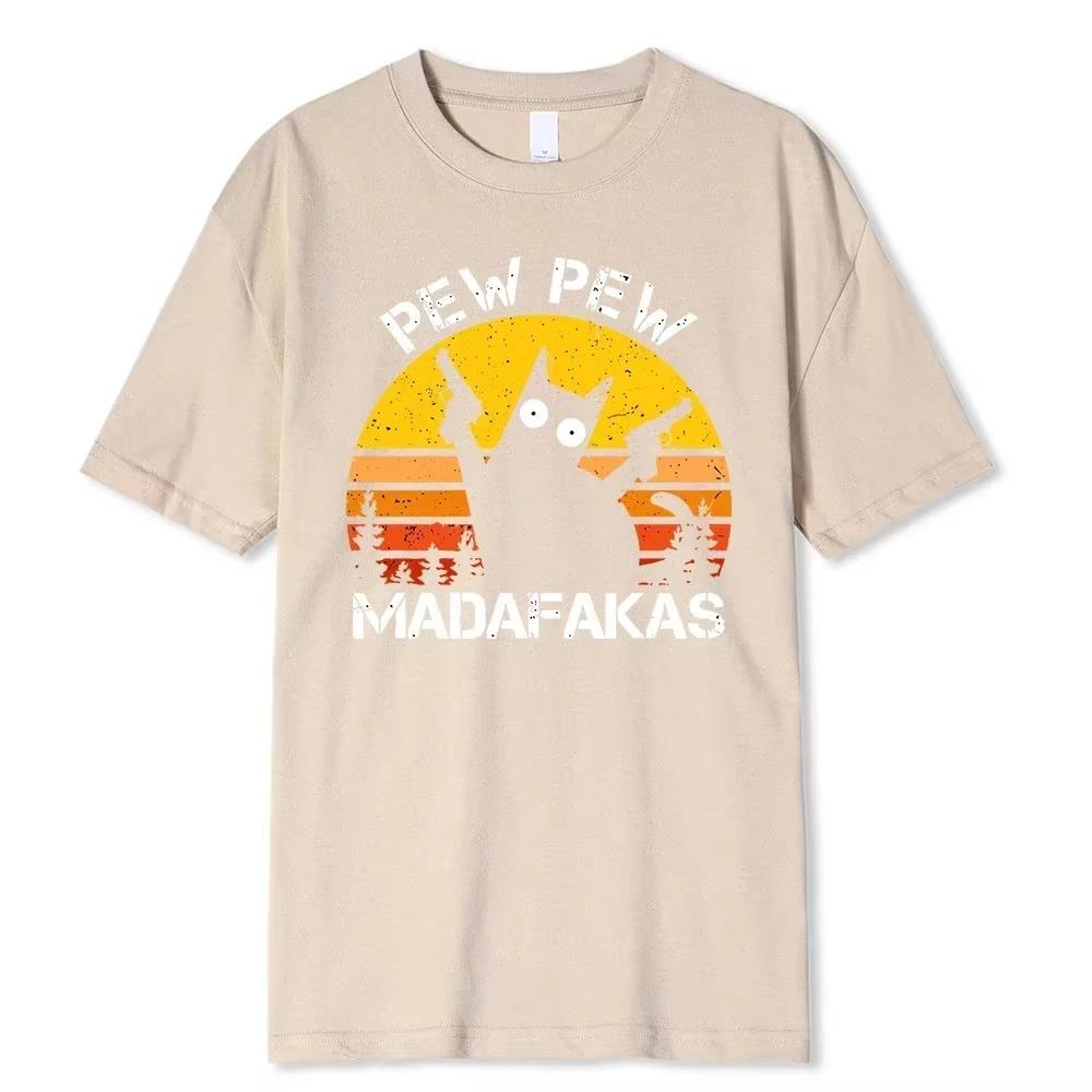 Pew Pew Madafakas Cat With Two Guns Printing Men T Shirts Summer Cotton T-Shirts Breathable Loose Clothes Hip Hop Street Tees