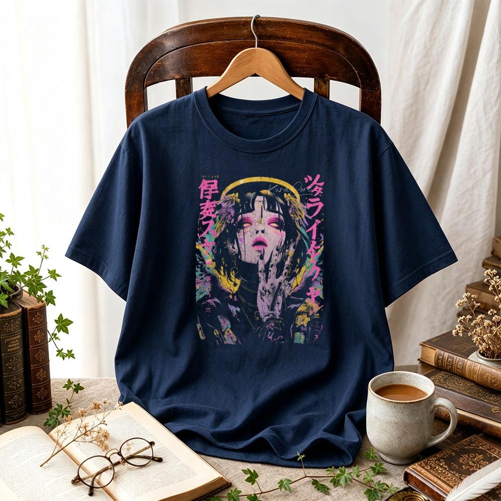 Японский Кандзи Vaporwave Аниме Девушка Графическая Футболка Ретро Потертый Стиль Харадзюку Принт Унисекс Повседневная Хлопковая Уличная Мода Футболка