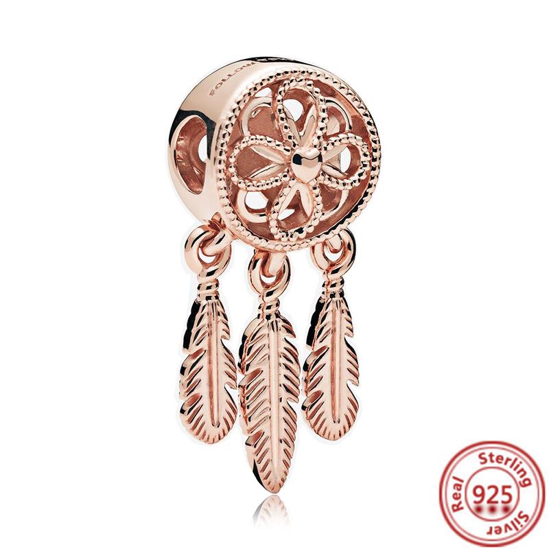 Hot Sale Rose Gold Series Pink Zircon Leaves Heart Pendant Sparkling Clip Bead Fit Charm Bracelet DIY S925 Silver Jewelry
