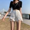 Wowen Fashion Versatile Broken Holes Wide-legged Female Summer High Waist Loose Thin Thin Section of The Outer Wear Burlap Denim Shorts Individuality