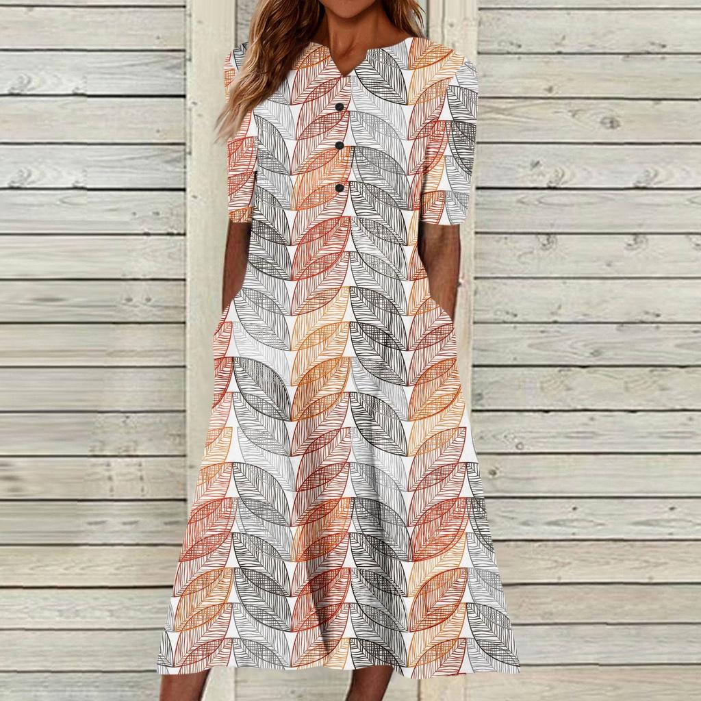 Summer Dress For Women Casual Floral Printed V-Neck Short-Sleeve Button Pocket Beach Swing Dress