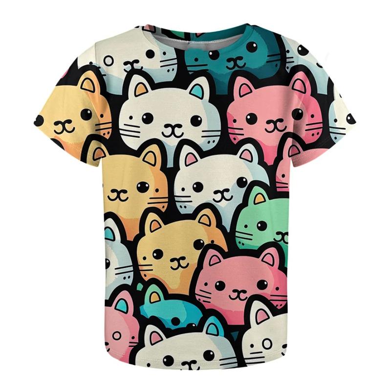 Children's Cartoon Style Cat Dog T-shirt Full Sublimation Cute Animal Pattern T Shirts Summer Short Sleeve Fashion Casual Top
