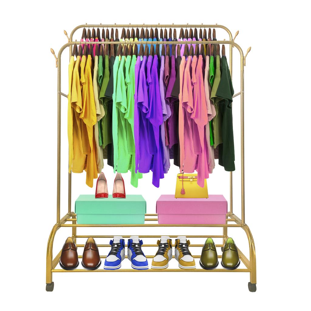 Premium Maxi Giro 2 Stand Nyana Home Coat Rack 162x110x57cm, 2 Hanging Bars 4 Side Hooks 2 Lower Shelves