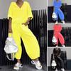 2 Pcs/Set Women Coat Pants Suit Hooded Zip-up Half Sleeve Lace-up Hem Top Wide Leg Loose Pockets Trousers Winter Daily Wear Tracksuit