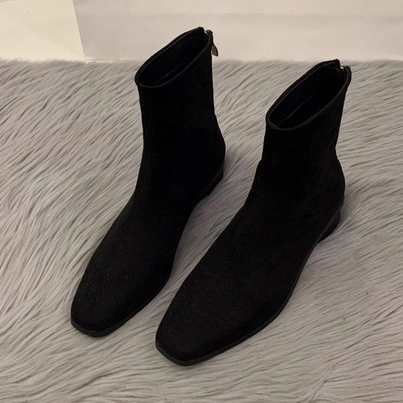 Маленькая квадратная голова бархатные тонкие ботинки осень и зима новые на низком каблуке короткие ботинки замшевые ботильоны задняя молния теплые модные ботинки