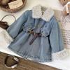 Girls' Fleece-Lined Thickened Denim Dress Long-Sleeve Warm Coat for Fall and Winter