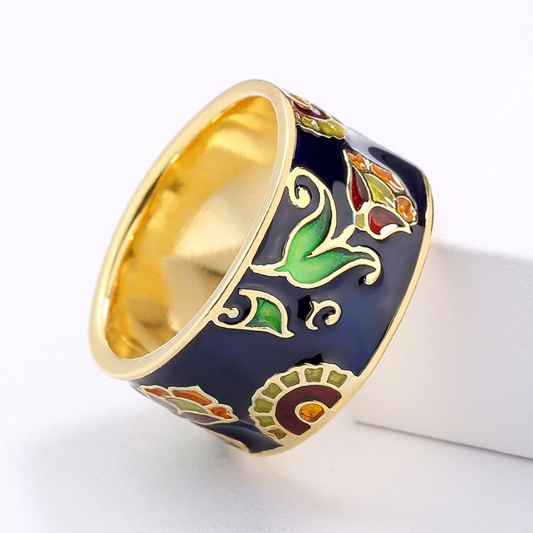 National Style Retro Enamel Ring Earrings Set Gold Plated Classical Temperament Female Jewelry