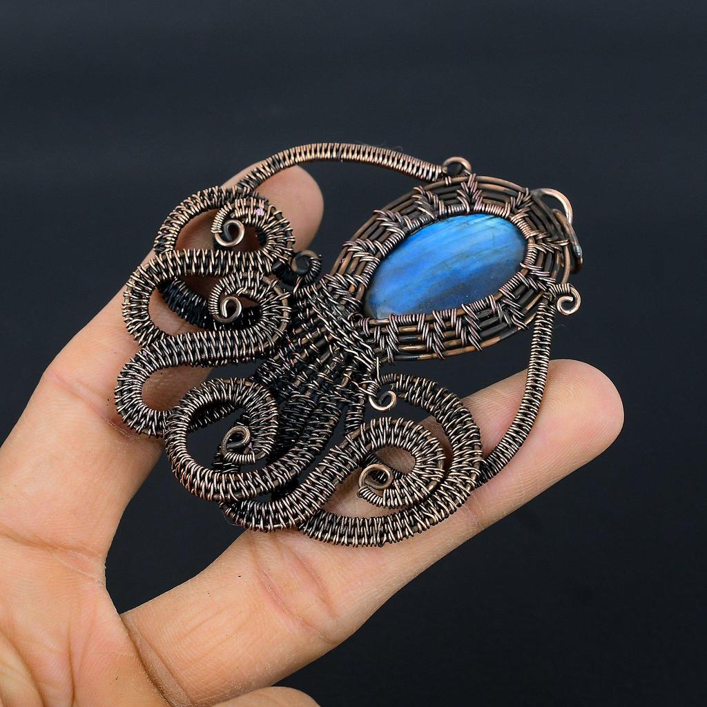 Labradorite Pendant, Handmade Gemstone 999 Copper Wire Wrapped Pendant Antique Jewelry, For Gift Silver Jewelry