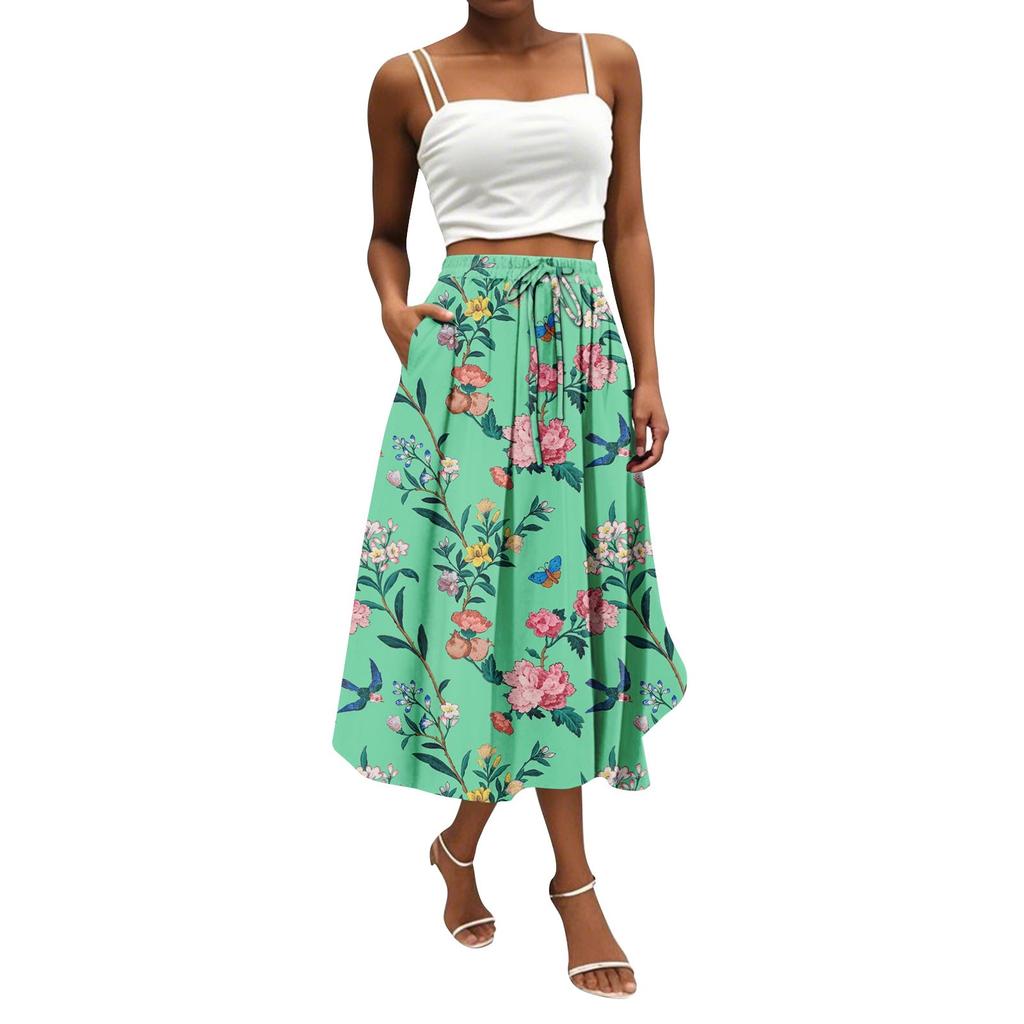 Women's Skirt Bohemian Flower Skirt Solid Color Casual Temperament With Pockets Skirt