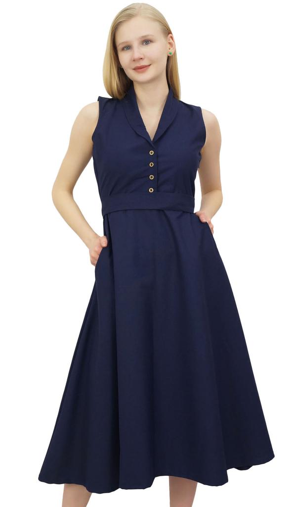 Phagun Women's Casual Solid Blue Sleeveless Cotton Simple Tunic Midi