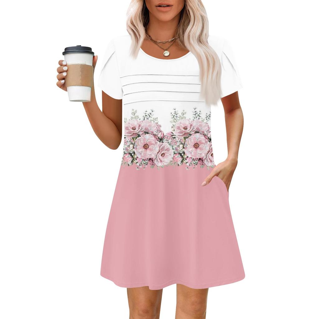 Women's Summer Casual Petal Slim Stripe Pleated Solid Color Dresses