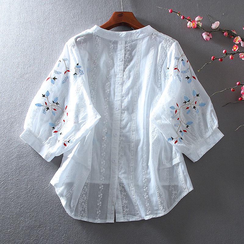 Кружевная вышитая рубашка с V-образным вырезом, стройнящая фигуру, для женщин - летняя повседневная, с завышенной талией, со средним рукавом