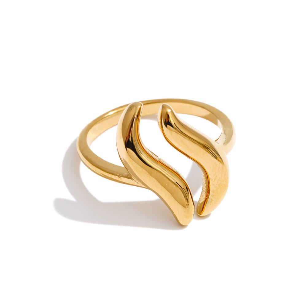 Yhpup Stainless Steel Geometric Wave Open Adjustable Ring Gold & Platinum PVD Plated Minimalist Finger Polished Jewelry New