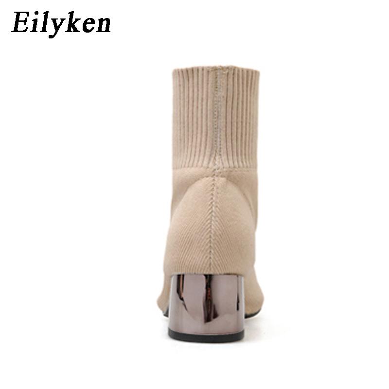 Модные EilyKen Осенне-Зимние Вязаные Эластичные Носки Женские Короткие Сапоги на Низком Каблуке Серые Женские Ботильоны с Острым Носком