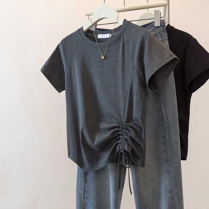 Women's Slimming Irregular Short Sleeve Drawstring T-shirt, Plus Size 2025 Summer Top